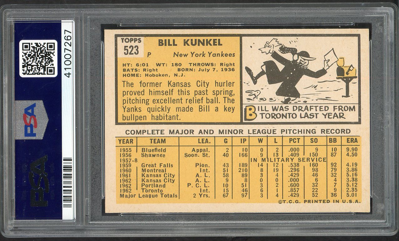 1963 Topps Baseball #523 Bill Kunkel Yankees PSA 6 EX-MT 562648