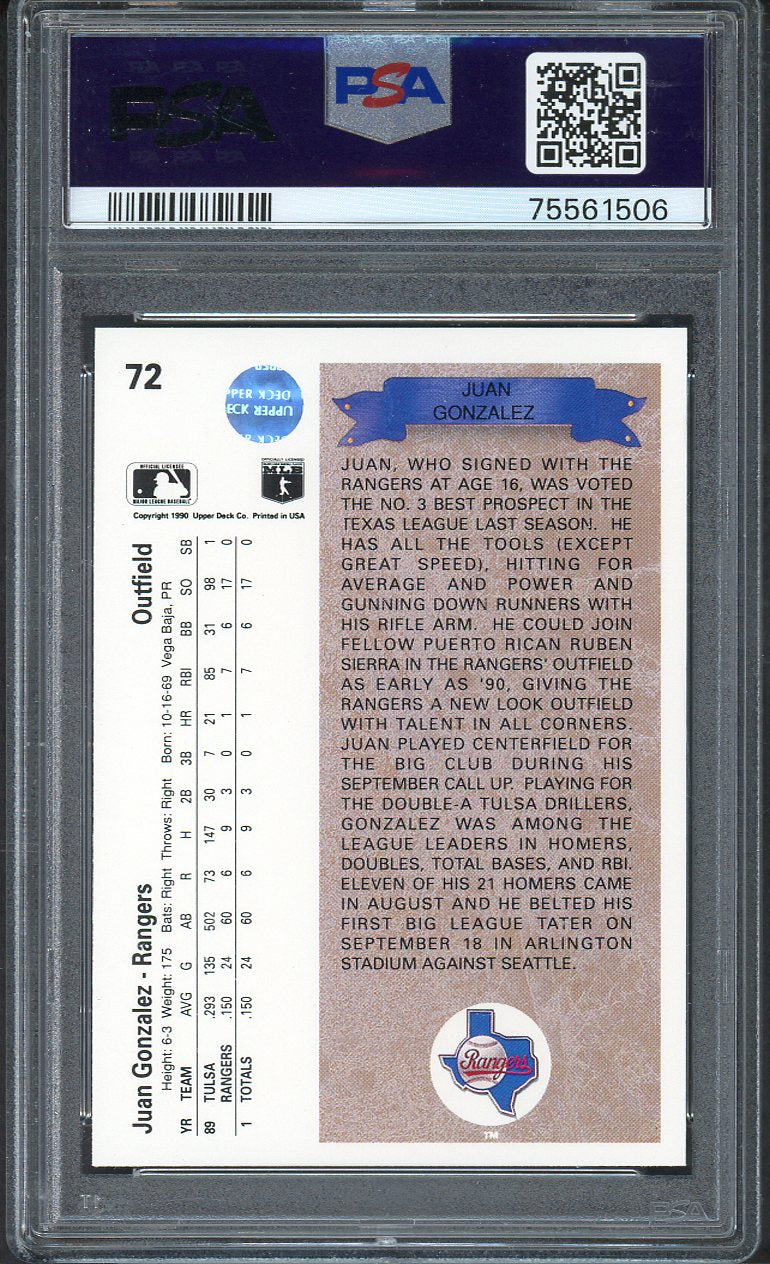 1990 Upper Deck #072 Juan Gonzalez Rangers PSA 10 GEM MINT 562649