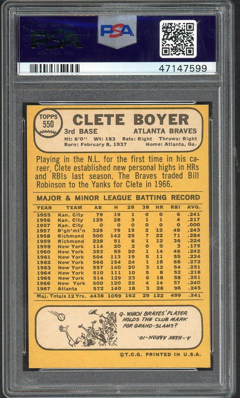 1968 Topps Baseball #550 Clete Boyer Braves PSA 9 MINT 562652