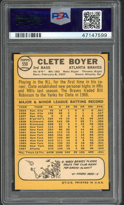 1968 Topps Baseball #550 Clete Boyer Braves PSA 9 MINT 562652