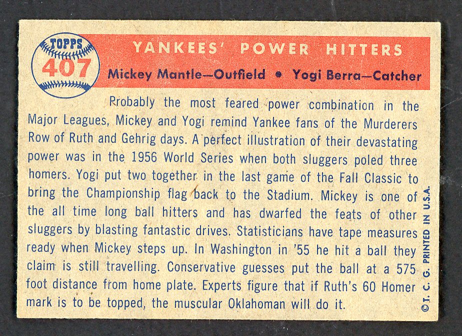 1957 Topps Baseball #407 Mickey Mantle Yogi Berra EX-MT 562683
