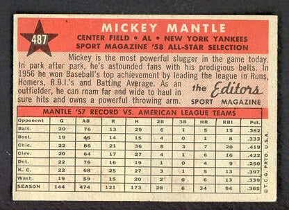 1958 Topps Baseball #487 Mickey Mantle A.S. Yankees EX-MT 562684