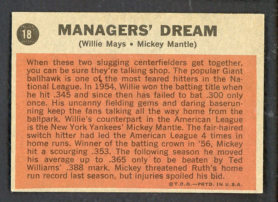 1962 Topps Baseball #018 Mickey Mantle Willie Mays EX+/EX-MT 562692