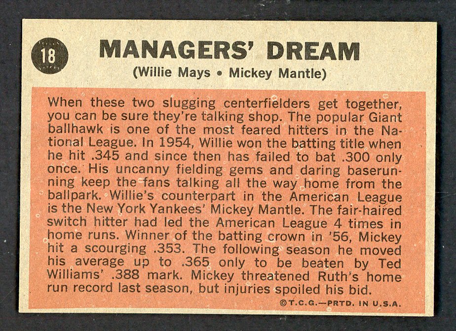1962 Topps Baseball #018 Mickey Mantle Willie Mays EX-MT/NR-MT 562695