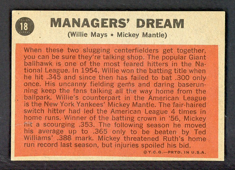 1962 Topps Baseball #018 Mickey Mantle Willie Mays EX-MT/NR-MT 562696