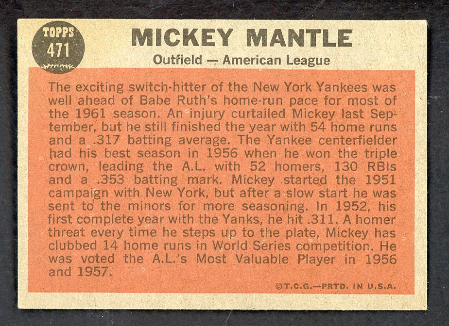 1962 Topps Baseball #471 Mickey Mantle A.S. Yankees EX-MT 562697