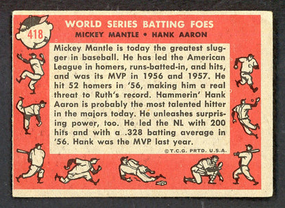 1958 Topps Baseball #418 Mickey Mantle Hank Aaron VG-EX 562700