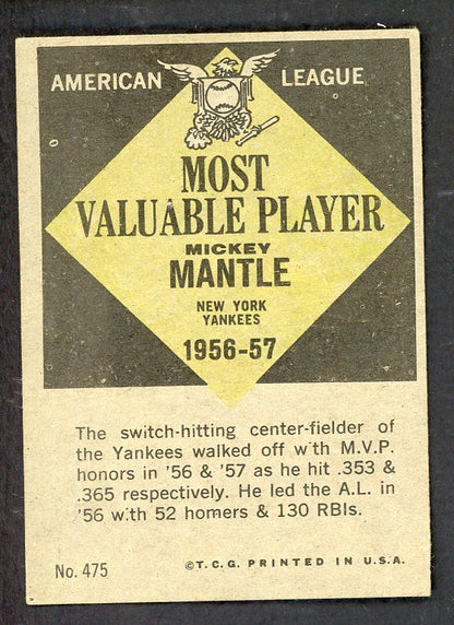 1961 Topps Baseball #475 Mickey Mantle MVP Yankees EX+/EX-MT 562727