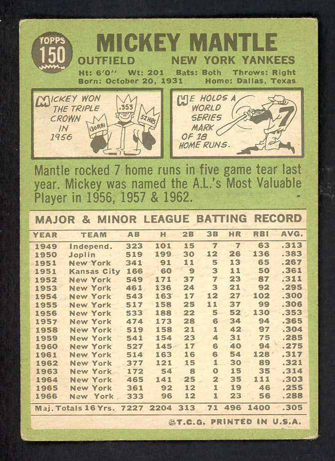 1967 Topps Baseball #150 Mickey Mantle Yankees VG-EX 562730