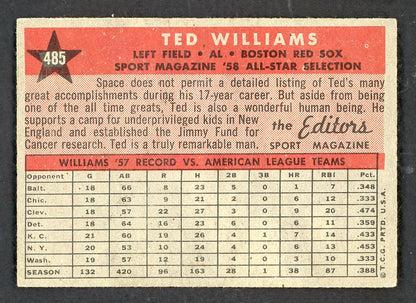 1958 Topps Baseball #485 Ted Williams A.S. Red Sox EX-MT 562737