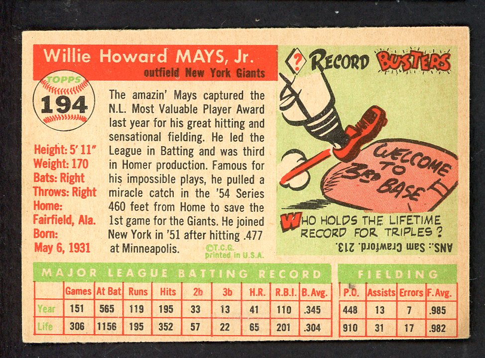 1955 Topps Baseball #194 Willie Mays Giants VG-EX 562764