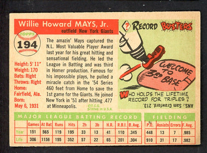 1955 Topps Baseball #194 Willie Mays Giants VG-EX 562764