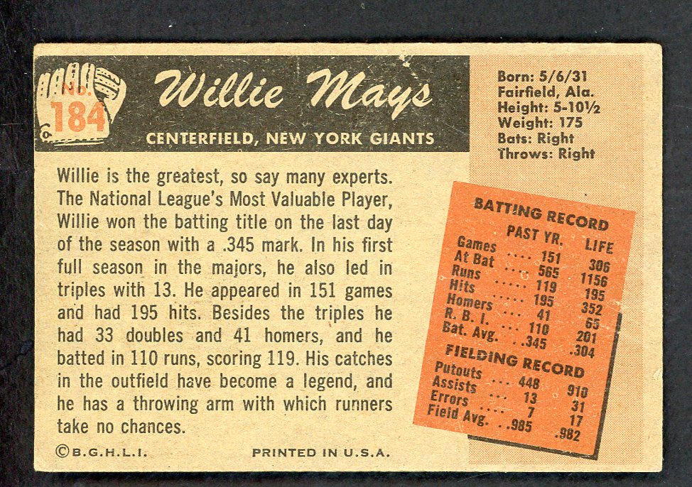 1955 Bowman Baseball #184 Willie Mays Giants VG 562776