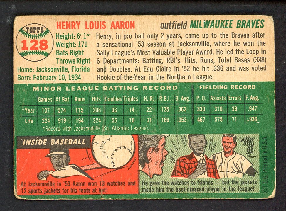 1954 Topps Baseball #128 Hank Aaron Braves GD-VG 562779