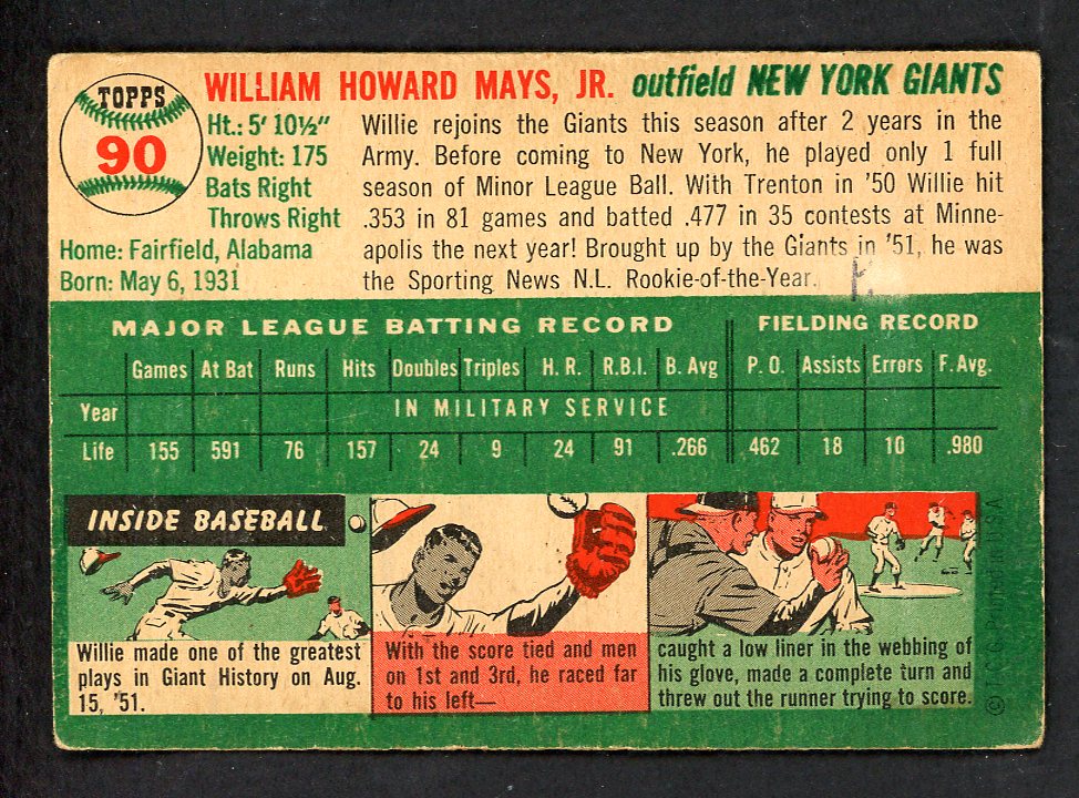 1954 Topps Baseball #090 Willie Mays Giants VG 562782