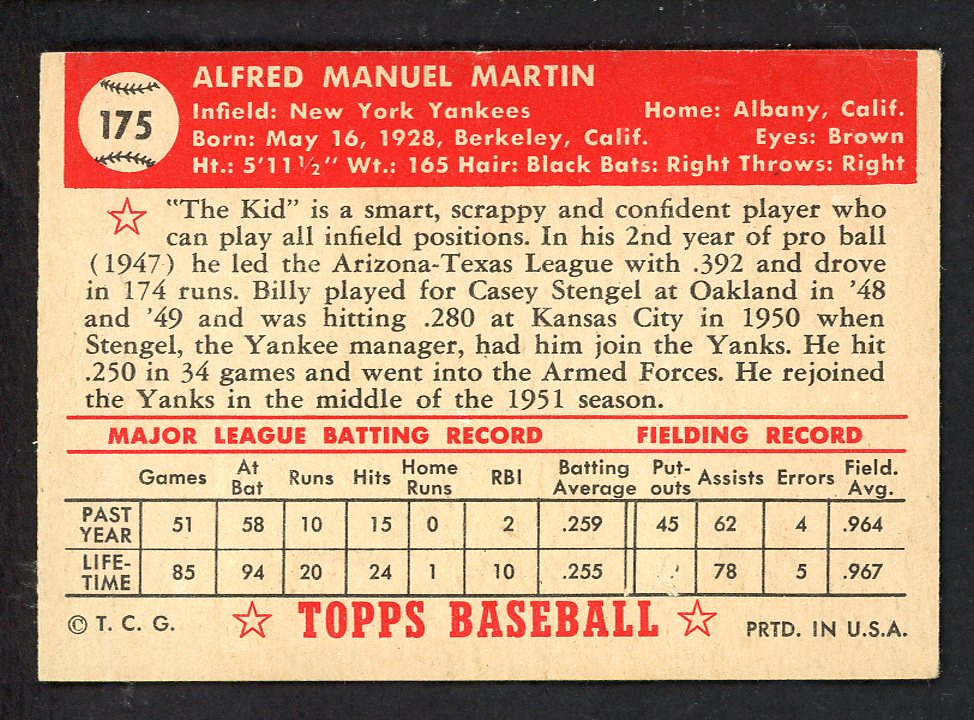 1952 Topps Baseball #175 Billy Martin Yankees EX 562786