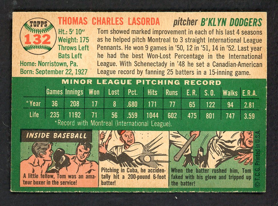1954 Topps Baseball #132 Tom Lasorda Dodgers VG-EX/EX 562787