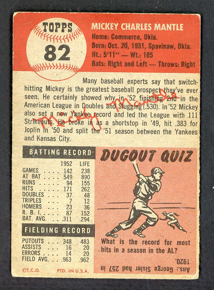 1953 Topps Baseball #082 Mickey Mantle Yankees VG-EX 562789