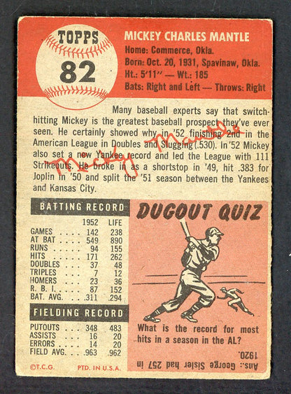 1953 Topps Baseball #082 Mickey Mantle Yankees VG-EX 562789