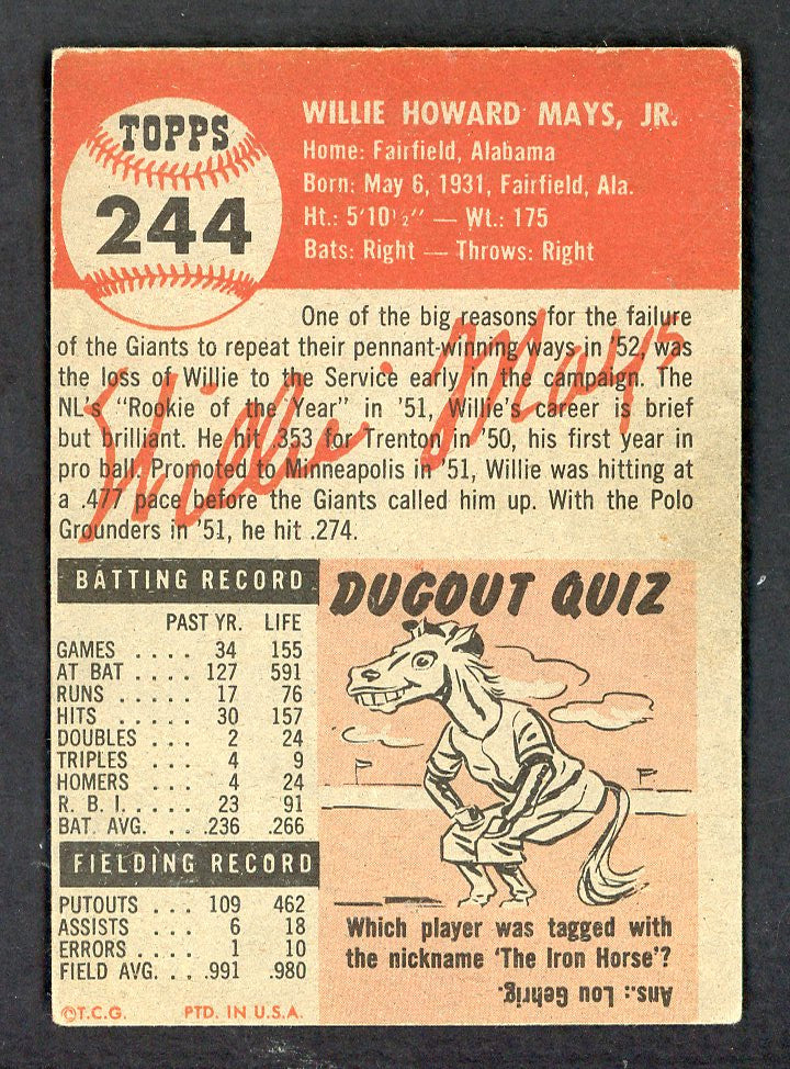 1953 Topps Baseball #244 Willie Mays Giants VG-EX 562791