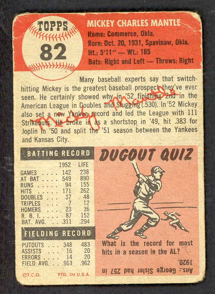 1953 Topps Baseball #082 Mickey Mantle Yankees Fair 562792