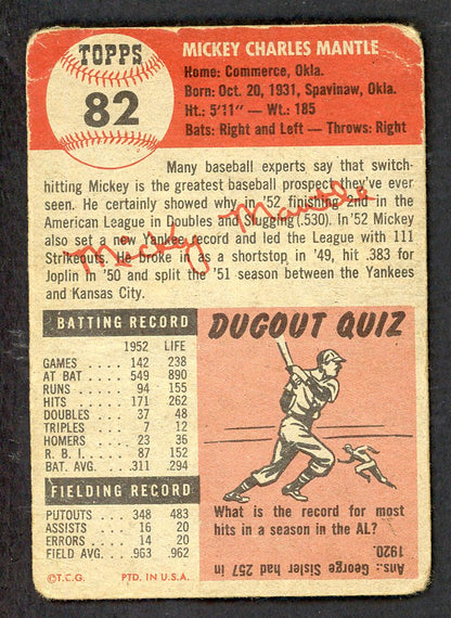 1953 Topps Baseball #082 Mickey Mantle Yankees Fair 562792