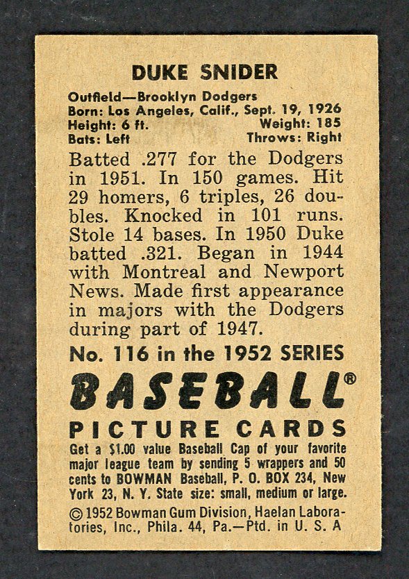1952 Bowman Baseball #116 Duke Snider Dodgers EX+/EX-MT 562793