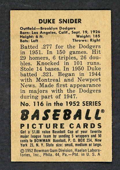 1952 Bowman Baseball #116 Duke Snider Dodgers EX+/EX-MT 562793