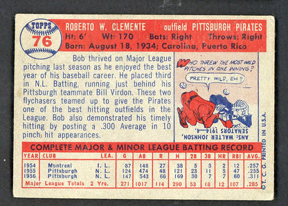 1957 Topps Baseball #076 Roberto Clemente Pirates VG-EX 562802