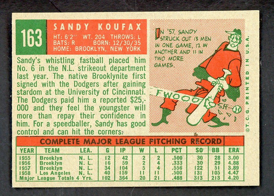 1959 Topps Baseball #163 Sandy Koufax Dodgers EX-MT 562804