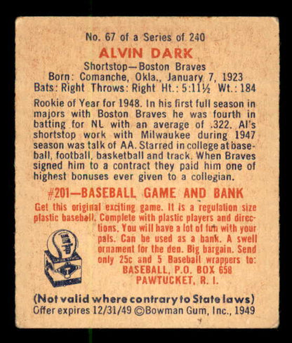 1949 Bowman Baseball #067 Alvin Dark Braves GD-VG 562830