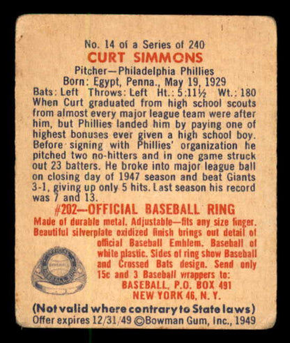 1949 Bowman Baseball #014 Curt Simmons Phillies VG 562831