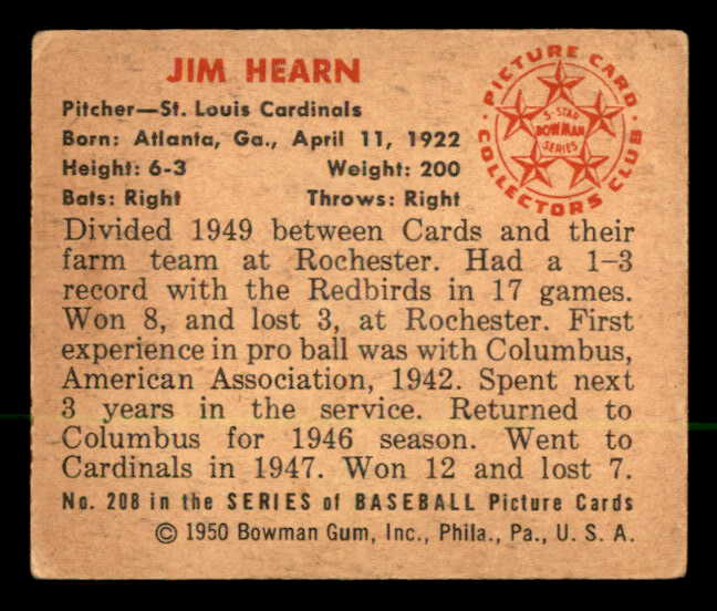 1950 Bowman Baseball #208 Jim Hearn Cardinals VG-EX 562833