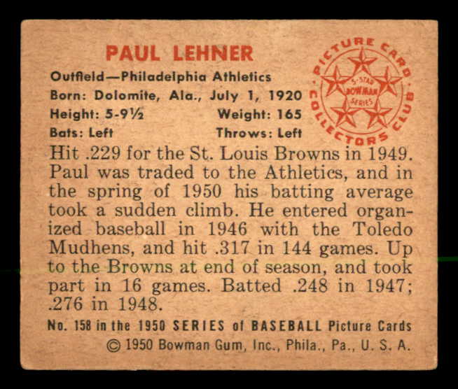 1950 Bowman Baseball #158 Paul Lehner A's VG-EX 562835