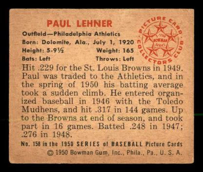 1950 Bowman Baseball #158 Paul Lehner A's VG-EX 562835