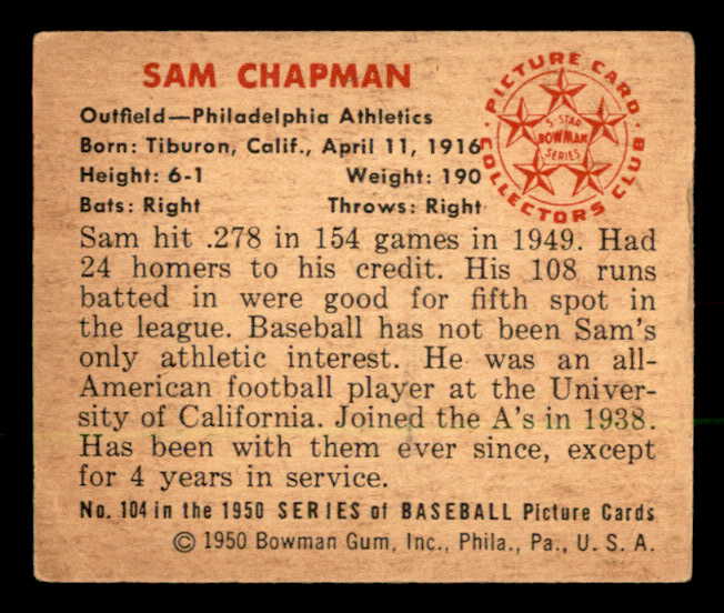 1950 Bowman Baseball #104 Sam Chapman A's VG-EX 562836