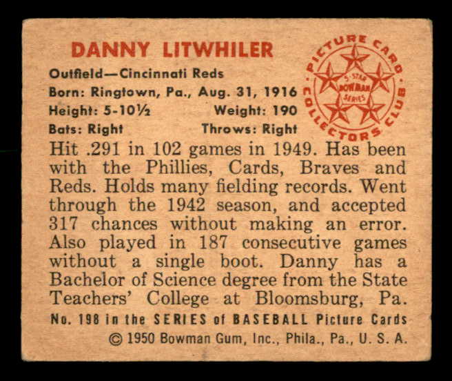 1950 Bowman Baseball #198 Danny Litwhiler Reds VG-EX 562838