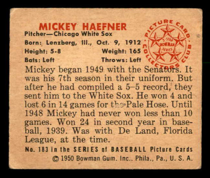 1950 Bowman Baseball #183 Mickey Haefner White Sox VG-EX 562839