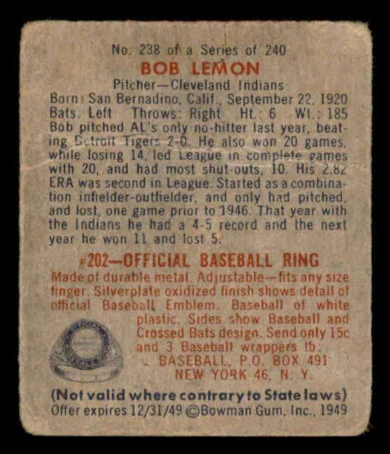1949 Bowman Baseball #238 Bob Lemon Indians Good 562841