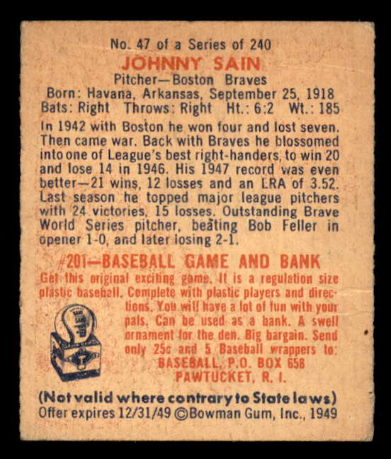 1949 Bowman Baseball #047 Johnny Sain Braves VG-EX 562844
