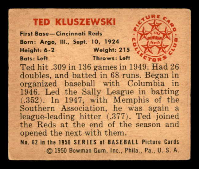 1950 Bowman Baseball #062 Ted Kluszewski Reds EX 562845