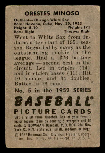 1952 Bowman Baseball #005 Minnie Minoso White Sox VG 562851