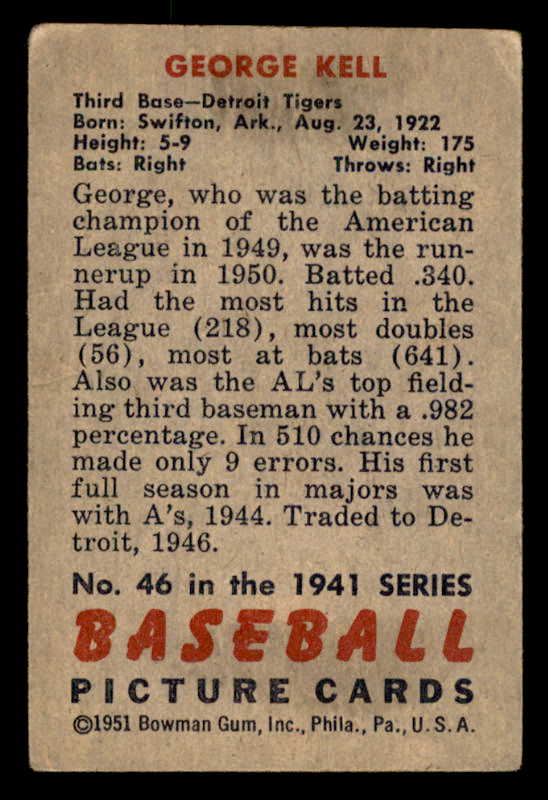 1951 Bowman Baseball #046 George Kell Tigers VG 562852