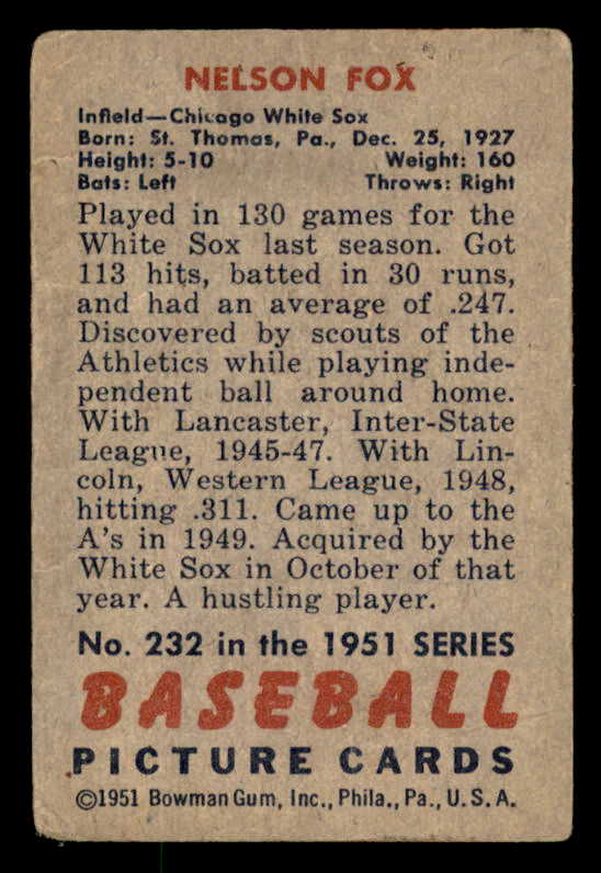 1951 Bowman Baseball #232 Nellie Fox White Sox PR-FR 562853