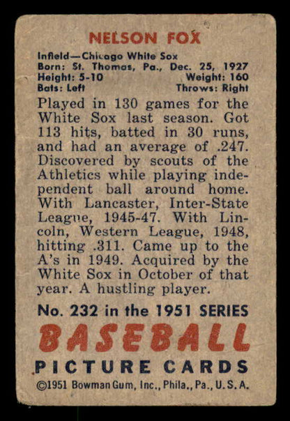 1951 Bowman Baseball #232 Nellie Fox White Sox PR-FR 562853