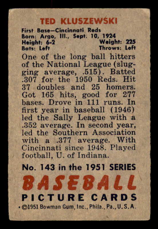 1951 Bowman Baseball #143 Ted Kluszewski Reds VG 562854
