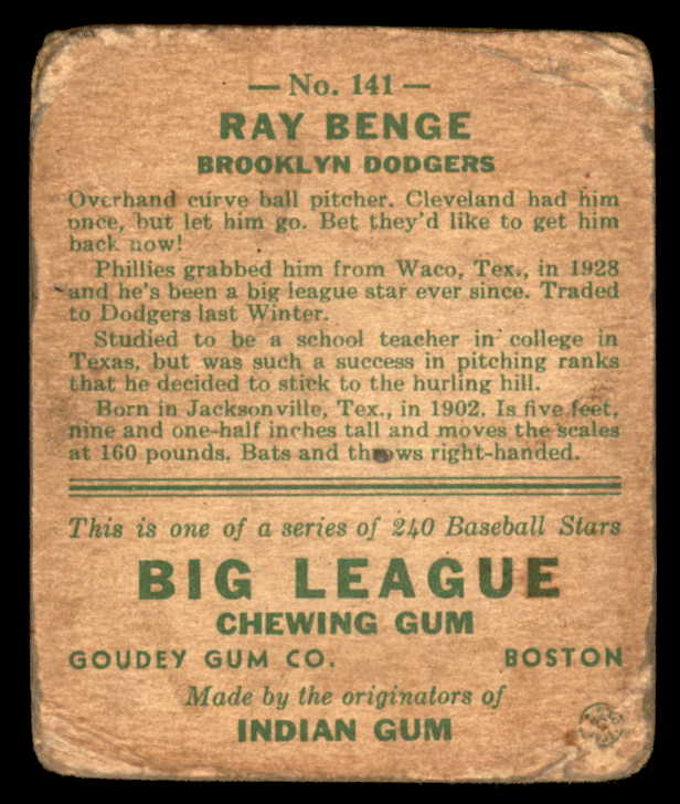 1933 Goudey #141 Ray Benge Dodgers Good 562857