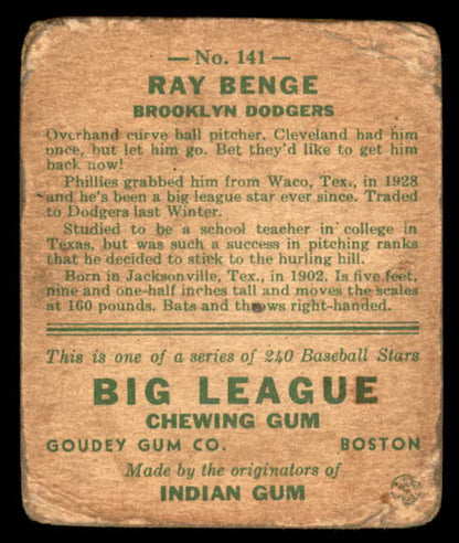 1933 Goudey #141 Ray Benge Dodgers Good 562857