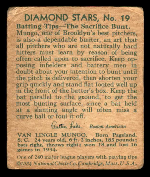 1934-36 Diamond Stars #019 Van Mungo Dodgers VG 562858