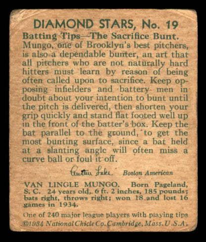 1934-36 Diamond Stars #019 Van Mungo Dodgers VG 562858